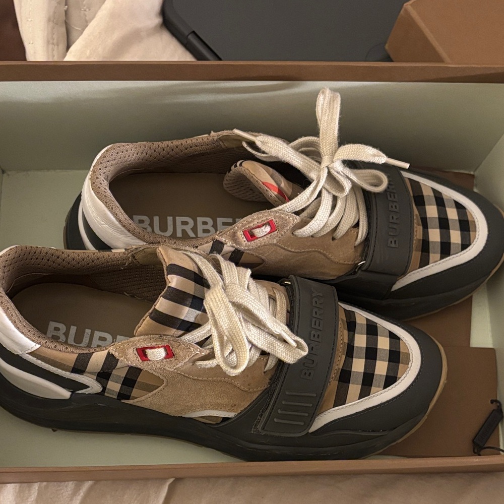 Burberry Men's Plaid Sneakers - Black, Tan, and White